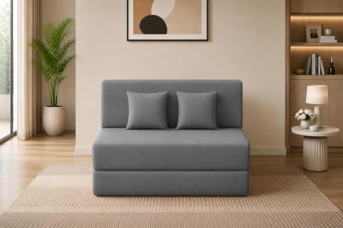 Image of Los Angeles Foldable 2 Seater Sofa Cum Bed, Sofa Bed 4 X 6 Ft, Jute Fabric Washable Cover Including Two Cushion Perfect for Living Room & Office Guest Room - Grey Color