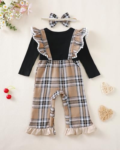 Renotemy Newborn Baby Girl Clothes Fall Winter Outfit Ribbed Romper Plaid Overalls Jumpsuit Infant Girl Outfits 0-18 Months2