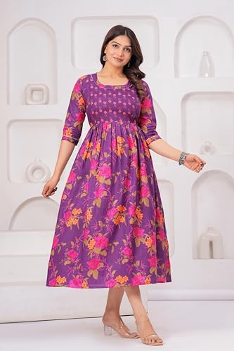 Image of The Moon Star Women's Cotton Floral Printed Anarkali Maternity Feeding Kurti | Breastfeeding Dress for Mothers | Zipper Feeding Kurti,Nursing Kurti, Comfortable and Trendy Maternity Wear