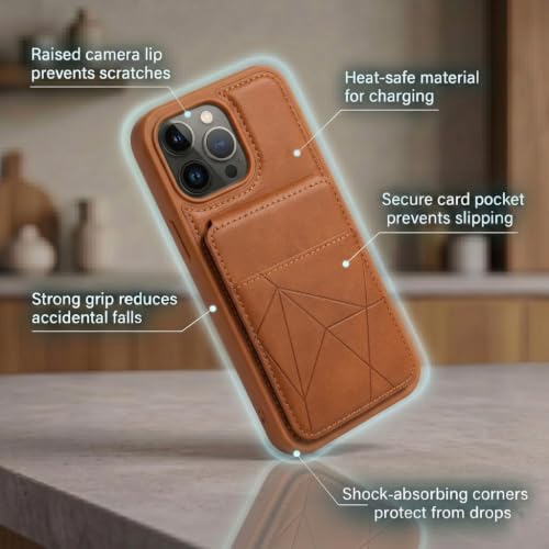 Image of amazon basics Premium Vegan Leather Back Cover with Card Holder and Integrated Mobile Stand for iPhone 14 Pro Max - Slim Shockproof Wallet Case with Geometric Stitching [Tan]