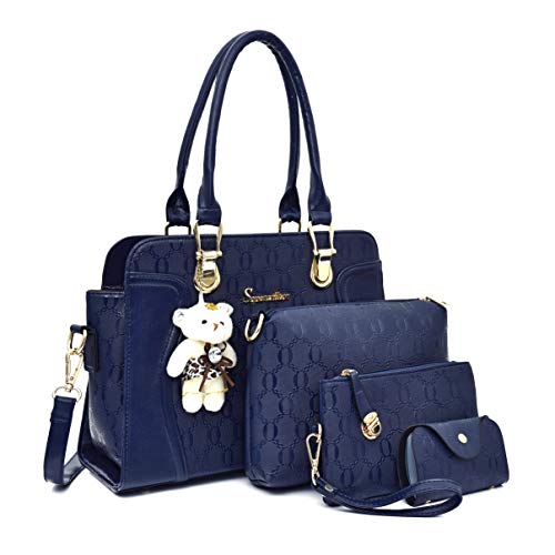 Image of Women's Fashion Handbag Tote Bag Shoulder Top Handle Satchel Purse Set 4pcs | Stylish Style,Chain Texture Design,Ample Space,Bear Doll Decoration,with a Crossbody Strap