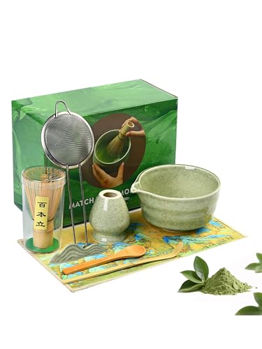 Matcha Kit – Té Matcha Kit de 8 Piezas para la Ceremonia del Té: Cuenco con Pico Vertedor, Batidor de Bambú con Soporte, Chashaku, Soporte para Chashaku, Cuchara de Madera, Chakin, Tamiz para Matcha