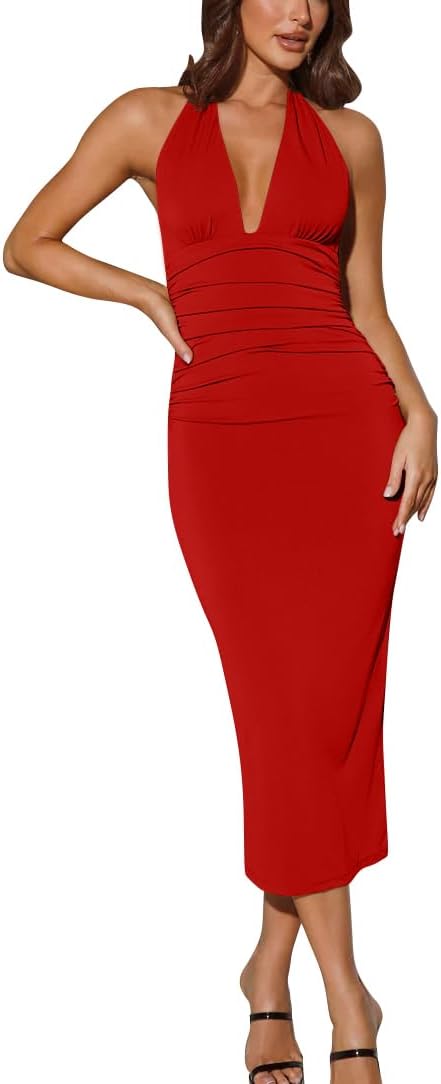 GOBLES Women's Sexy Halter Sleeveless V Neck Backless Bodycon Midi Party Dress