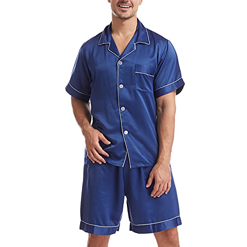 Silk Satin Pajamas Sets for Mens,Short Sleeve Sleepwear Button-Down PJs Sets 2 Pieces Loungewear with Pockets