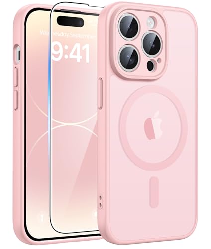 Image of FNTCASE for iPhone 14 Pro-Max Case: Translucent Pink Slim Cases Compatible with MagSafe, Full Camera Protection & Tempered Glass Protector, 14FT Military Grade Drop Tested, Matte Skin-Friendly Cover