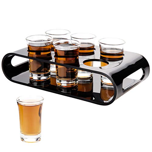 MyGift Modern Glossy Black Acrylic 6 Shot Glasses Flight Set with Handles