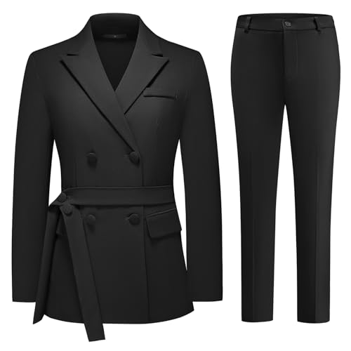 Lamgool Women Double Breasted Suit with Belt Business Casual 2 Pcs Blazer Jacket with Pants Set