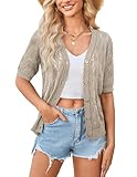 Yekaty Lightweight Summer Cropped Cardigan for Women Button Short Sleeve Outer Sweater Lace Jacket Shrugs Khaki