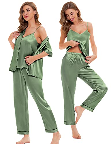 Image of SWOMOG Womens Silk Satin Pajamas Sets 4pcs Sleepwear Sexy Cami Shorts Set and Button Down Short Sleeve Pjs Loungewear Matcha Small