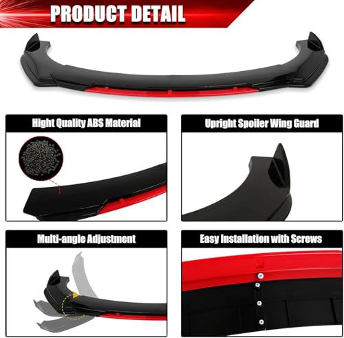 Image of Universal Front Bumper Lip Spoiler Kit | 4-Piece Glossy Black with Red Accent | 147-154 cm Width | Car Styling & Aerodynamic Body Kit | Durable Front Bumper Protector for Cars