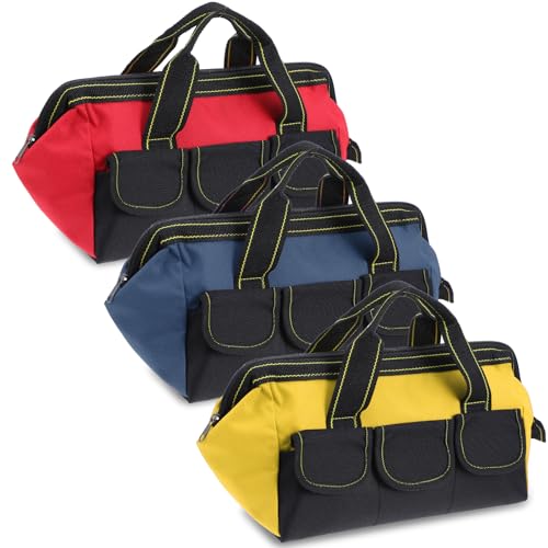 3 Pack 13 Inch Tool Bag, Wide Mouth Tool Tote Bag with Waterproof Base, Heavy Duty Tool Storage Bag Organizer for Various Tools, 5 Pockets, Blue, Yellow, Red