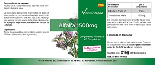 Vitamintrend Alfalfa 500mg, 360 Tabletten, 4:1 Extrakt, Nahrungsergänzungsmittel vegan ohne Magnesiumstearat, in Deutschland hergestellt