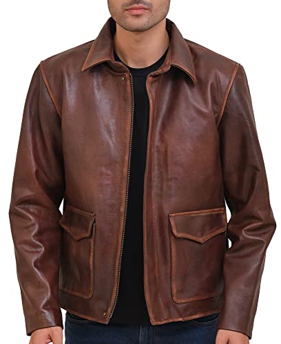 Isaac & David Chicago Mens Raiders Of The Lost Ark Brown Leather Jacket Indiana Cosplay Costume Harrison American Bomber Coat #TOP2