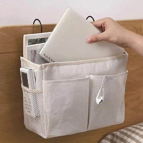 Image of Linen Bedroom Accessories Bedside Caddy, Bedroom Organiser Dorm Bed Hanging Basket Hostel Essentials, Bed Side Clothing Storage Organiser Multi Cloth(HANGING BAG)