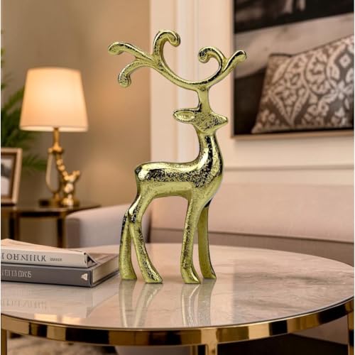 Image of Shiny Gold Metal Reindeer Figurine for Home Decor, Elegant Standing Deer Statue for Living Room, Tabletop Showpiece, Decorative Ornament for Office & Home Interior, Size: 26 cm Height