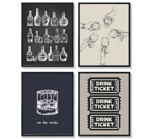 ULEGIE Bar Cart Decor, Wall Art Set of 4, Whiskey Posters for Men College Dorm Home Club, Cool Things for Home Bar Decorations, 8x10 Inch Unframed