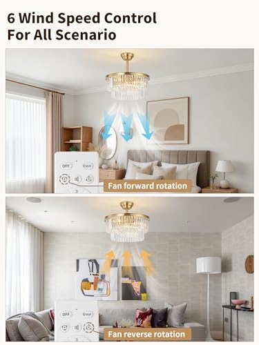Image of 20 inch Brass Crystal Fandelier Ceiling Fans with Lights, Caged Brass Crystal Chandelier Ceiling Fan with Light Remote Control with 6 Speeds for Bedroom, Nursery, Living Room