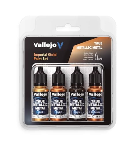 Vallejo Pintura True Metallic Metal Set de 4 Colores para Pintar Metales, Incluye BASE, LIGHT, SHADE y AIRBRUSH, Resultados Consistentes y Adaptables, Imperial Gold