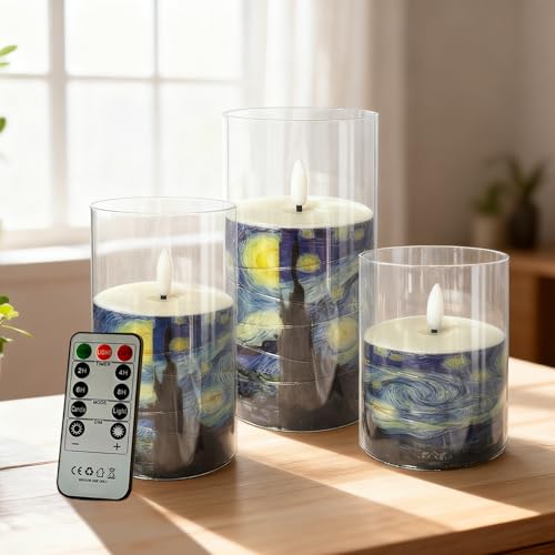 Image of Flickering Flameless Candles, Recessed String Light LED Candles Acrylic Battery Operated LED Pillar Candles Van Gogh Art Painting Style for Home Decor Set of 3(Starry Night Printed)