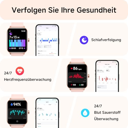 Smartwatch Damen mit Telefonfunktion,1.8" Smart Watch Fitnessuhr mit Whatsapp und Alexa,Herzfrequenz Schlafmonitor,120+ Sportmodi Fitness Tracker,IP68 Wasserdicht Uhren Damen für Samsung/Android/iOS 3