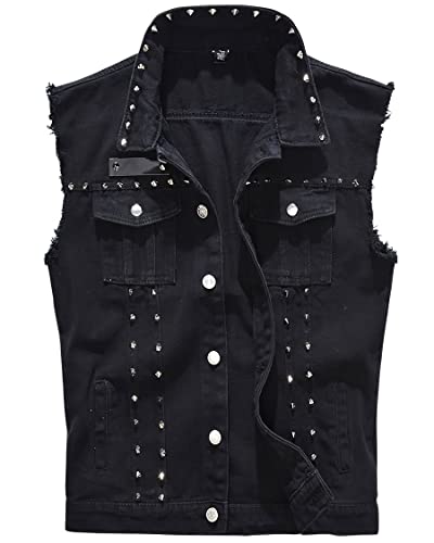 Image of ebossy Men's Ripped Distressed Denim Vest Sleeveless Button Up Jean Vest Jacket (Large, Rivet Black)