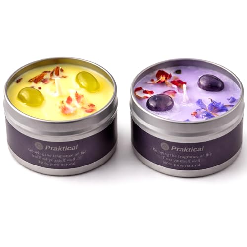 Velas Aromáticas de Soja Natural – Pack 2 Velas Perfumadas Decorativas – Regalo Mujer Original – Con Cristales Naturales – Aromaterapia Lavanda, Cedro y Canela – Sin Parafina