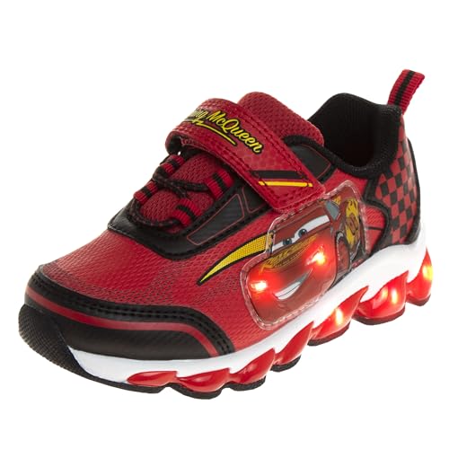 Disney Pixar Cars Lightning McQueen Shoes LED Light Up Sneakers - Kids Lightweight Tennis Breathable Athletic Shoe - Red/Yellow/Black (Size 9 Toddler)