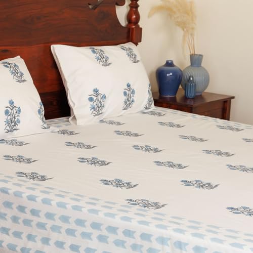 Image of Aabi Premium Hand Block Printed Bedsheet | Bed Spread Flatsheet Bed Sheet | Pure Cotton | Double Bed Queen Size 90 inchx108 inch | 300 TC Long Staple Cotton | 2 Pillow Covers | Floral Print