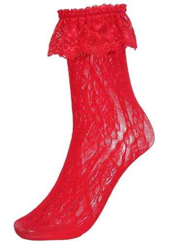 Avidlove Womens Ruffle Cuff Lace Anklet Socks Sexy Lolita Lacy Casual Socks for Dates Parties Red