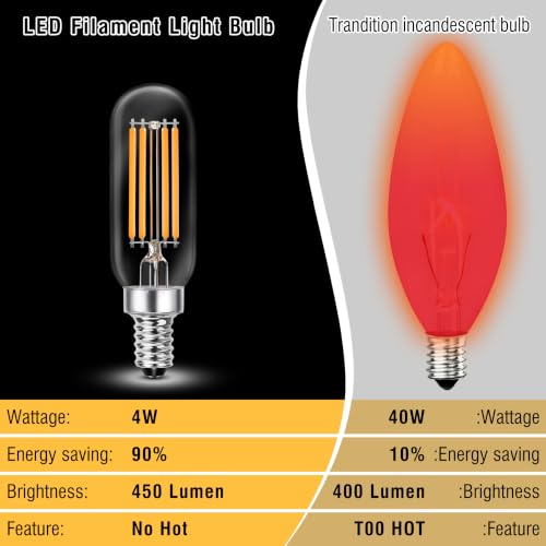 Image of E12 Candelabra Light Bulbs 40W, T25 Edison LED Bulbs Warm White 2700K, 2Pcs | E12 Vintage Filament Light Bulbs for Himalayan Salt Lamps & Baskets, Chandelier, Ceiling Fan|T6 LED Bulb Clear Glass|4W 450LM