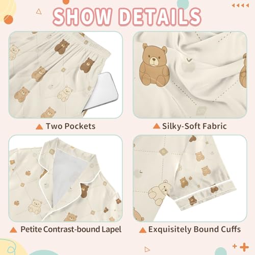 senya Pattern Bear Pattern Satin Summer Pajama Sets Silk Short Sleeve Button Down Sleepwear3