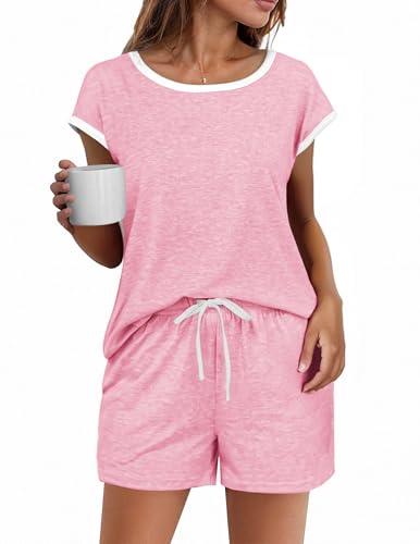 Image of Ekouaer Womens Pajamas Set 2 Piece Short Sleeves PJs O Neck Tops and Drawstring Waist Shorts Soft Lounge Set