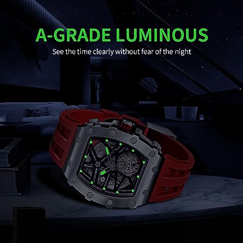 Image of TSAR BOMBA Men's Automatic Watch Tonneau Luxury Skeleton Watches for Men Mechanical 50M Waterproof Analogue Watches Mens Unique Cool Square Big Face Dial Wristwatch with Silicone Strap Band