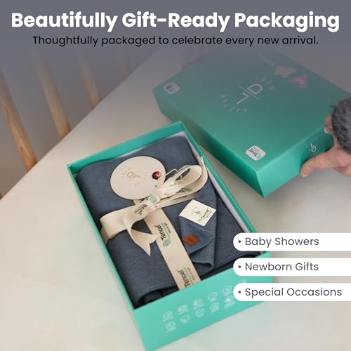 Image of Pointelle Double Layer 100% Tencel Baby Blanket - Breathable Temperature Regulating - Oeko-TEX Certified - 30x40 inch - Gift Box with Ribbon (Grey Blue)