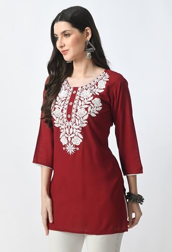 Image of LIBOZA Kurti for Women - Short Chikankari Kurtis for Girls, Lakhnawi Tunic Top Kurta Design for Ladies, Woman Ethnic Kurthis & Shirt with Sleeve