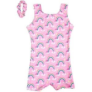 Destira Over The Rainbow Gymnastics Unitards for Girls, Pink | Premium Performance Fabric • Biketard Tank Style • Matching Scrunchie Included • Made in USA • Comfortable Stretch Fit