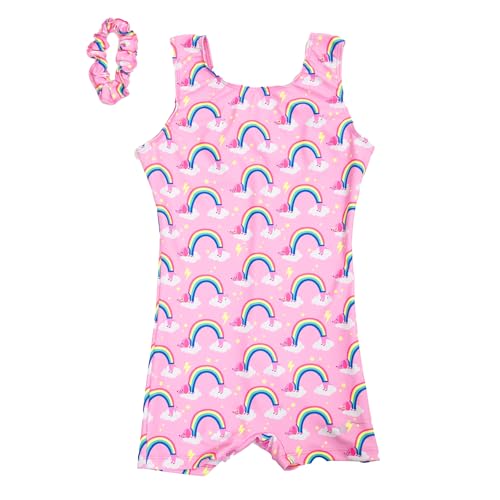 Destira Over the Rainbow Gymnastics Unitard For Girls, Pink Biketard With Puppy Rainbows And Clouds With Matching Scrunchie