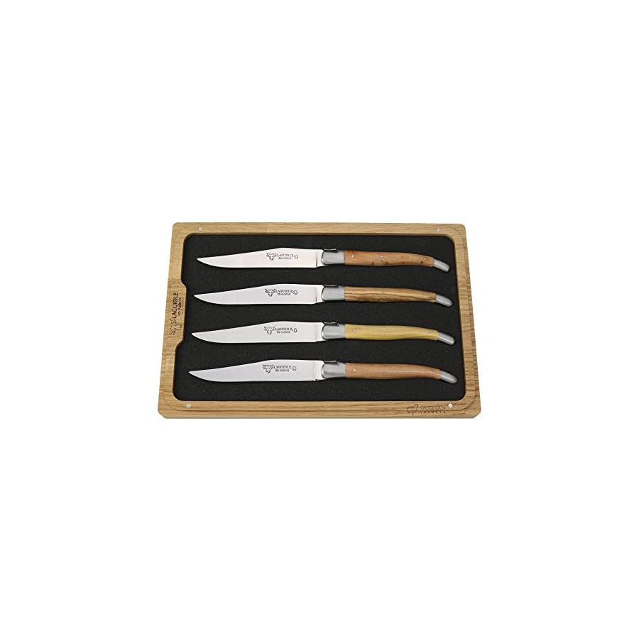 Laguiole en Aubrac Luxury Fully Forged Full Tang Stainless Steel Steak Knives 4-Piece Set with Mixed French Wood Handle, Stainless Steel Brushed Bolsters