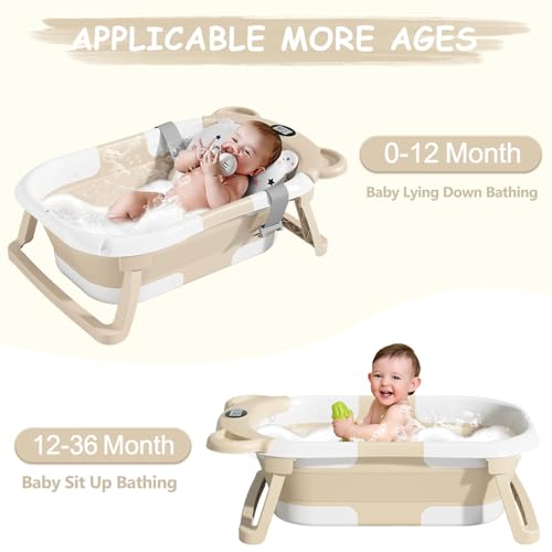 Image of TPN Collapsible Baby Bathtub, Baby Bath Tub with Soft Cushion & Real-Time Thermometer, Baby Bathtub Infant to Toddler Tub (0-36 Months), Portable Newborn Travel Bath Tub