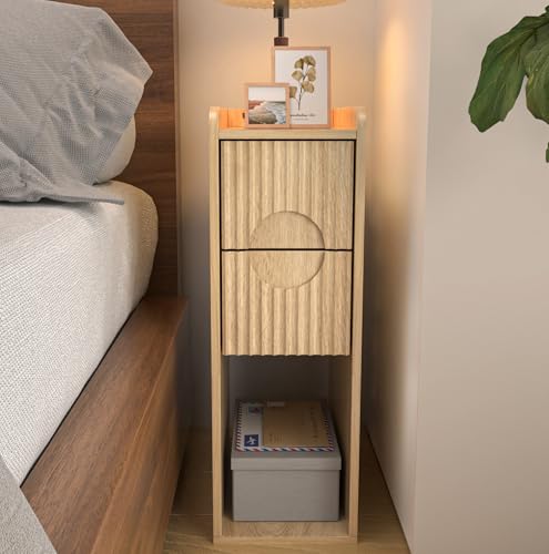 Small Fluted Nightstand, Wood 2 Drawer Narrow Nightstand, Slim Side Table, Modern Boho End Bedside Table, Natural Wood Night Stand with Drawers for Bedroom, Natural, 1 Pc