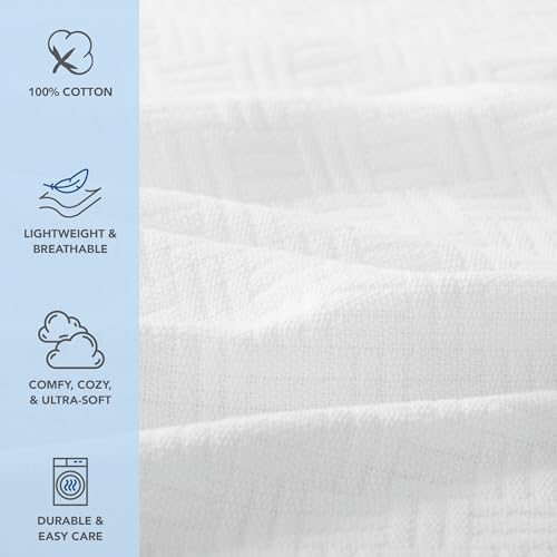 Arkwright Basket Weave Throw Blanket - 100% Ringspun Cotton All Season Throws, Luxury Hotel Quality, Soft on Skin, Breathable, 300 GSM for Bed, Sofa, and Chair, 50 X 70 in, White - Thumbnail 2