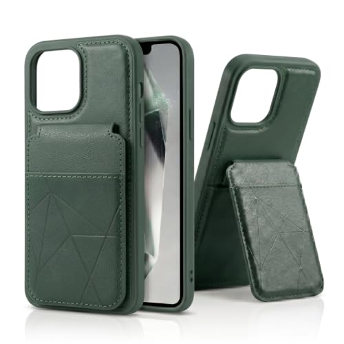 Image of amazon basics Premium Vegan Leather Back Cover with Card Holder and Integrated Mobile Stand for iPhone 16 Pro - Slim Shockproof Wallet Case with Geometric Stitching [Green]