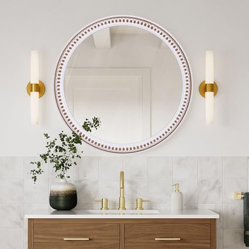 Image of 24 Inch Round Wall Mirror, Rustic Farmhouse Wooden Mirrors for Bathroom | Over Sink Accent, Circle Decorative Look, Ideal for Entryway, Living Room, Bedroom, and Hallway Styling