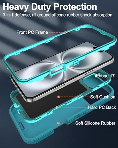 Image of for iPhone 17 Case with Port Cover, Rubber Matte Finish, Teal | 3-Layer Heavy Duty Armor, 16ft Drop Protection, Non-Slip Shockproof & Anti-Fingerprint