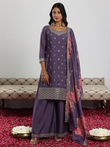 Image of Libas Embroidered Silk Blend A-Line Kurta with Palazzo and Dupatta