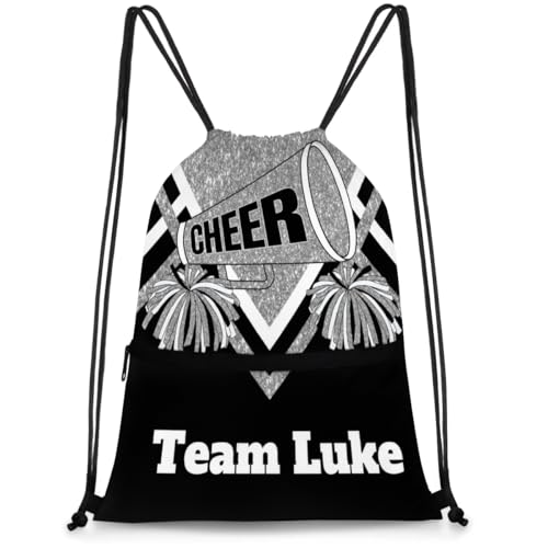 Drawstring Backpack with Name, Cheerleading Competition Drawstring Gym Bags Drawstring Beach Bag for Dance Gym Sports Travel, Silver Glittering Black Cheer Team