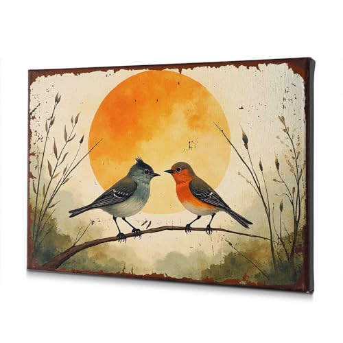 Toile decorative pour salon motif oiseaux branche et soleil