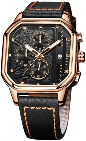 Square Watches for Men, Black Leather Strap, Analog Quartz Dress Watch, Fashion Business Watch Luminous Waterproof Casual Wrist Watches