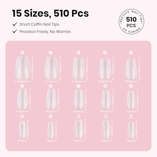 Image of Beetles Nail Art Kit,510pcs 15 Sizes Gel Nail Tips Nail Art Brushes Set with Nail Stand Nail Holder Rhinestones Sticker Nail File Cuticles Trimmer Press On Nails Kit for Gel Polish Women Beginner