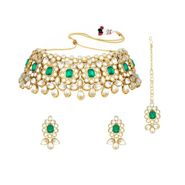 Peora Ethnic Indian Traditional Jewellery 18K Gold Plated Kundan Pearl Floral Necklace Earring Mang Tikka Set for Women
